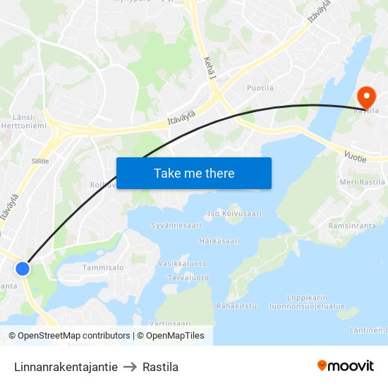 Linnanrakentajantie to Rastila map