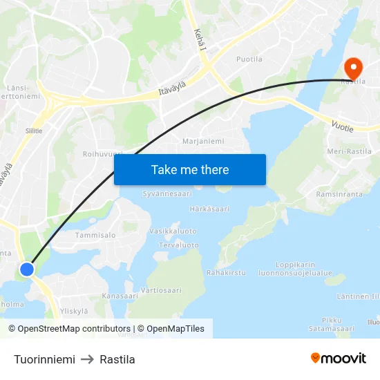 Tuorinniemi to Rastila map