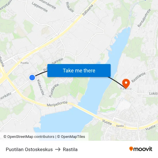 Puotila Shopping Center to Rastila map