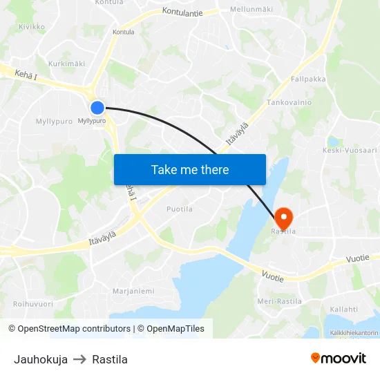 Jauhokuja to Rastila map