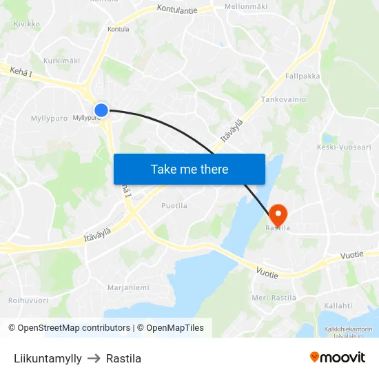 Liikuntamylly to Rastila map