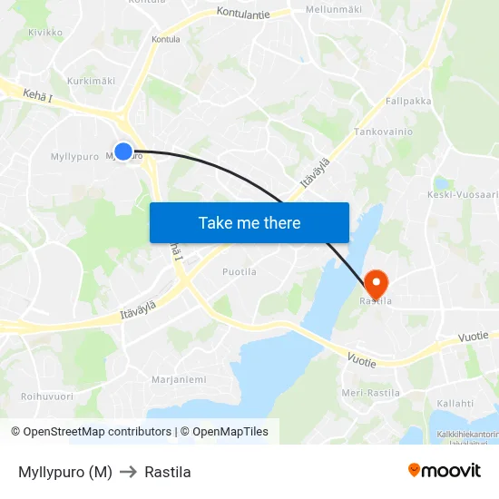Myllypuro (M) to Rastila map