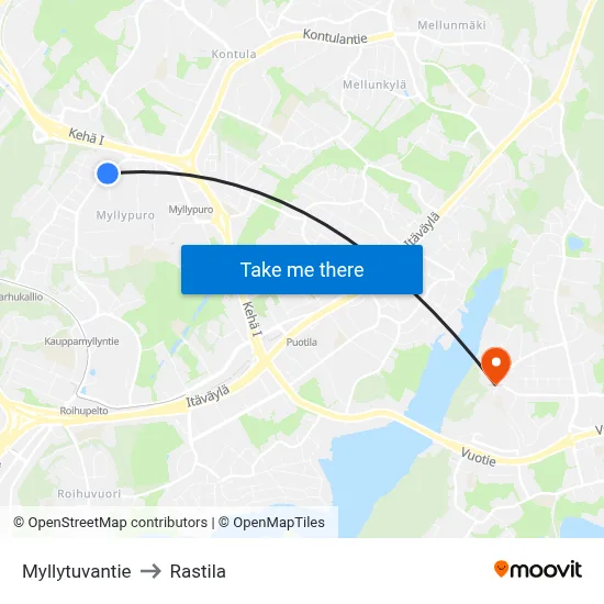 Myllytuvantie to Rastila map