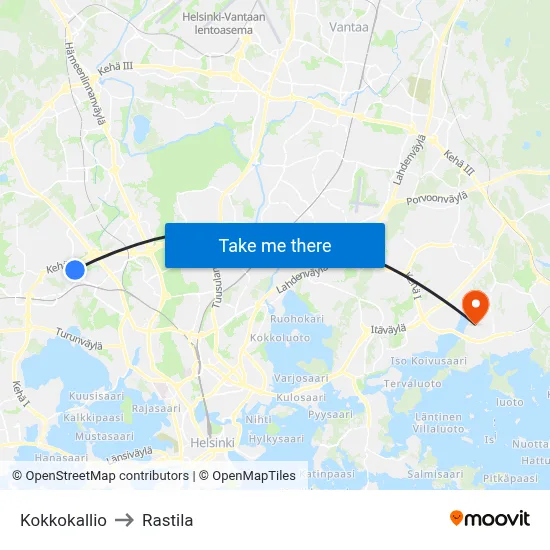 Kokkokallio to Rastila map