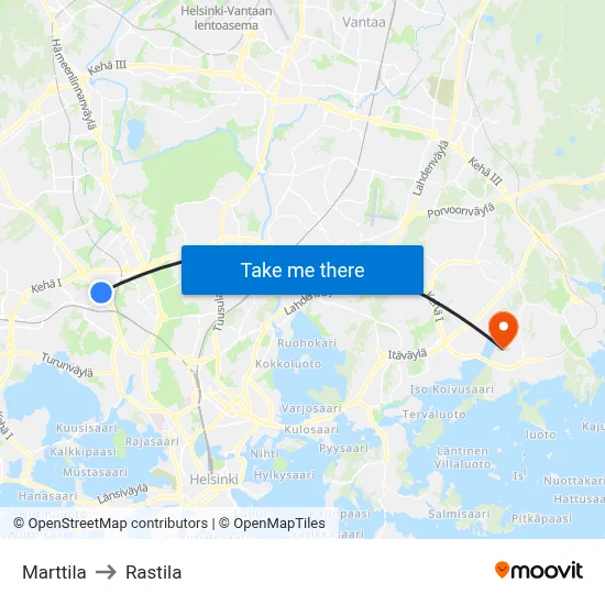 Marttila to Rastila map