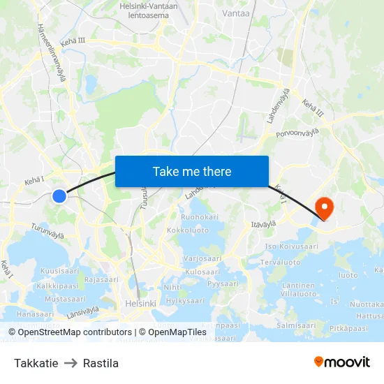 Takkatie to Rastila map