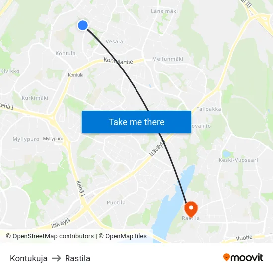 Kontukuja to Rastila map