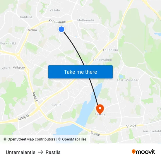Untamalantie to Rastila map