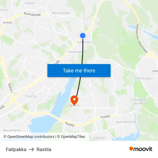 Fallpakka to Rastila map