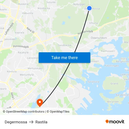 Degermossa to Rastila map