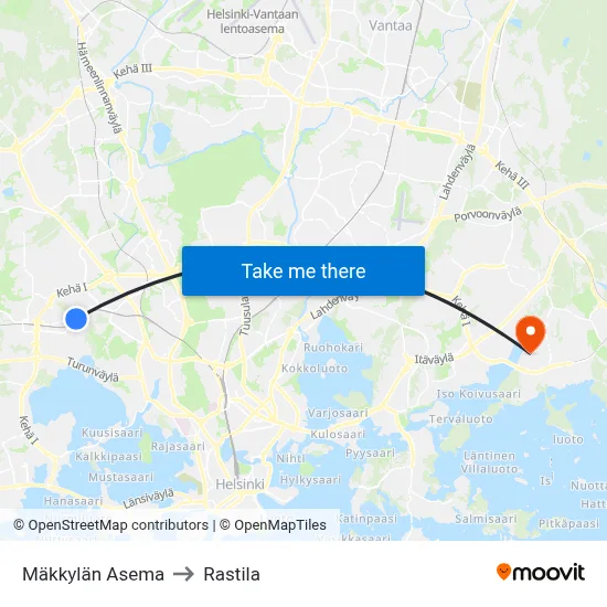 Mäkkylä Station to Rastila map