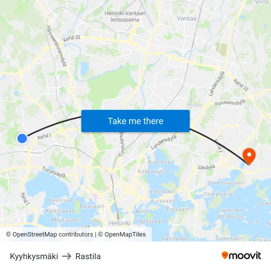 Kyyhkysmäki to Rastila map