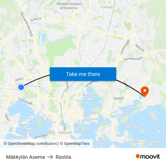 Mäkkylän Asema to Rastila map