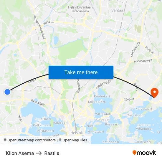 Kilon Asema to Rastila map