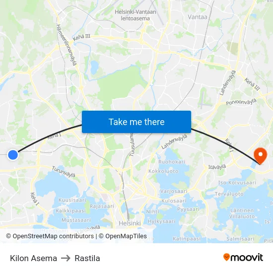 Kilon Asema to Rastila map