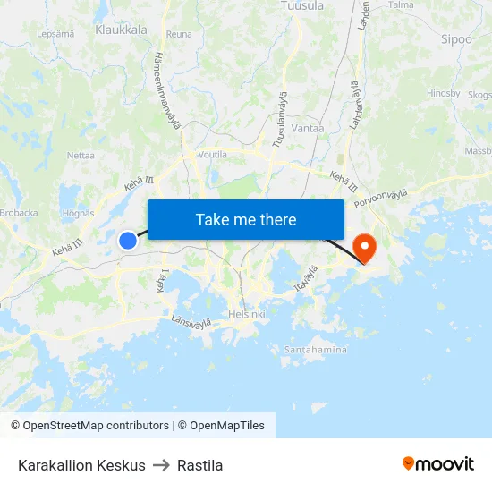Karakallion Keskus to Rastila map
