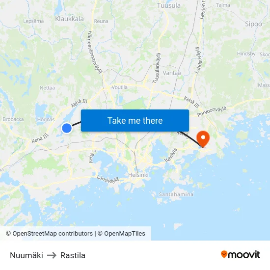 Nuumäki to Rastila map