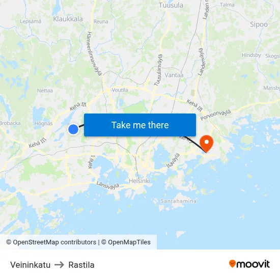 Veininkatu to Rastila map