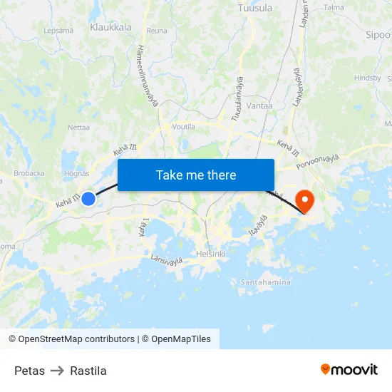 Petas to Rastila map