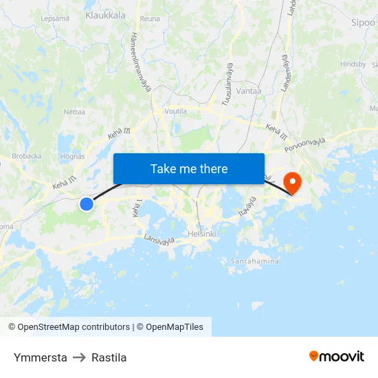 Ymmersta to Rastila map