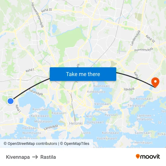 Kivennapa to Rastila map