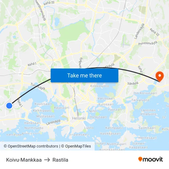 Koivu-Mankkaa to Rastila map