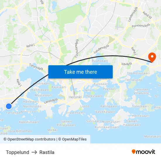 Toppelund to Rastila map