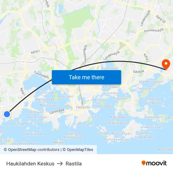 Haukilahti Center to Rastila map