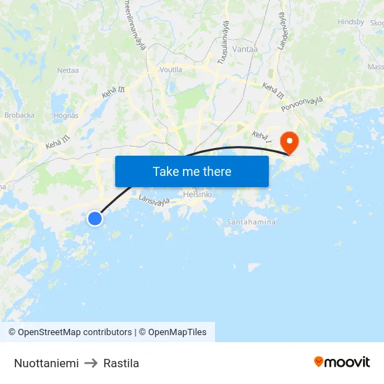 Nuottaniemi to Rastila map