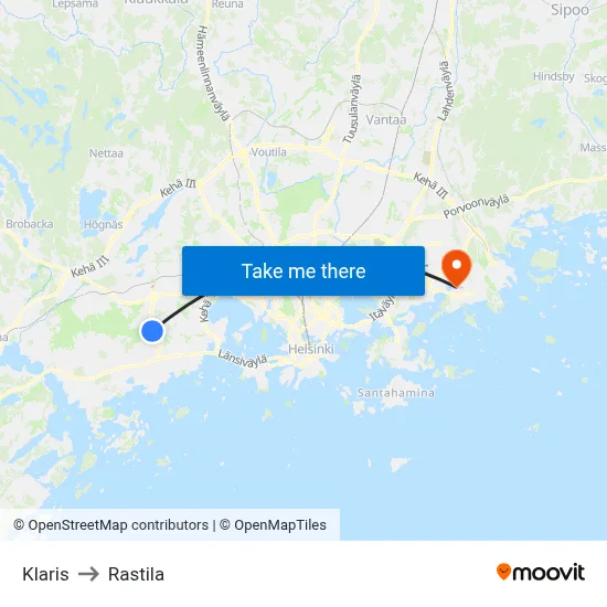 Klaris to Rastila map
