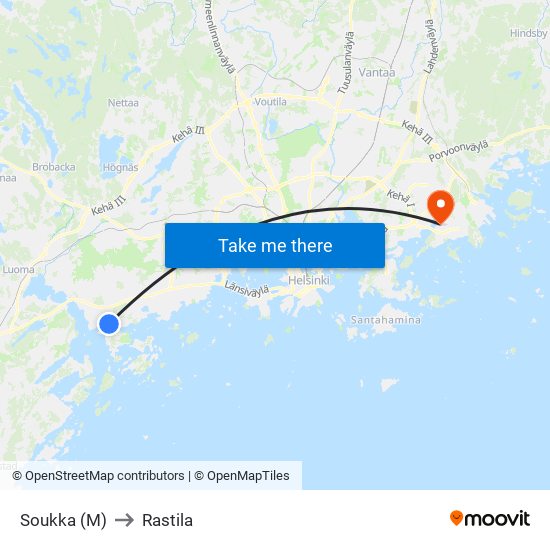 Soukka (M) to Rastila map