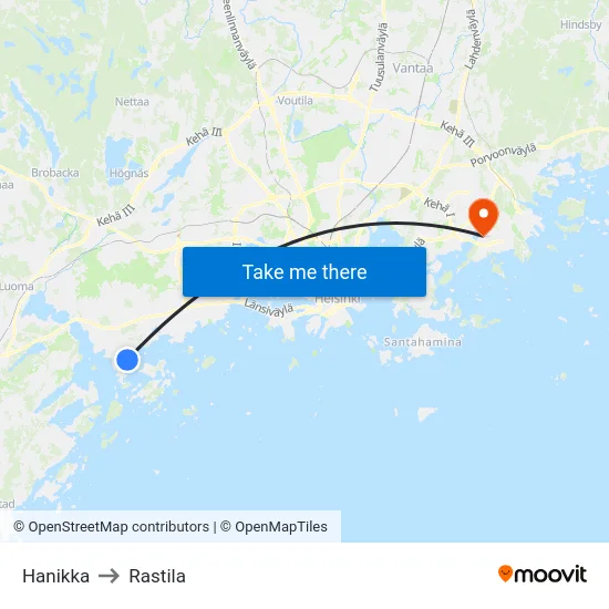 Hanikka to Rastila map