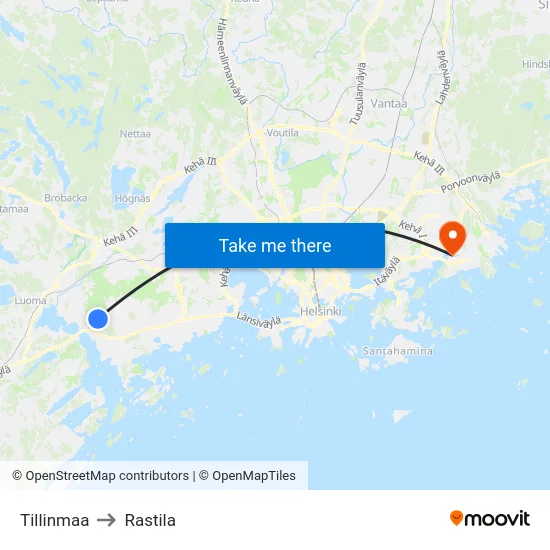 Tillinmaa to Rastila map