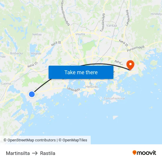 Martinsilta to Rastila map