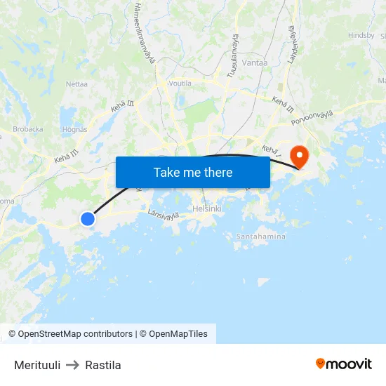 Merituuli to Rastila map