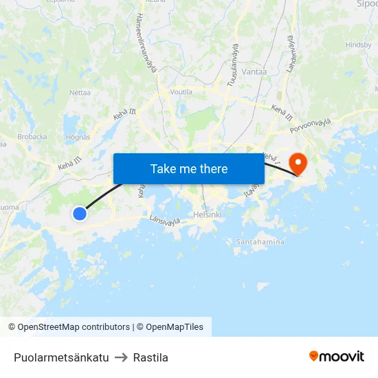 Puolarmetsä Street to Rastila map