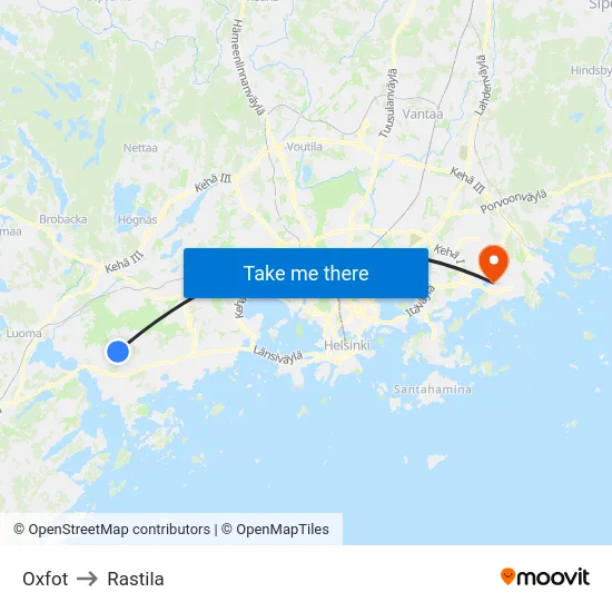 Oxfot to Rastila map