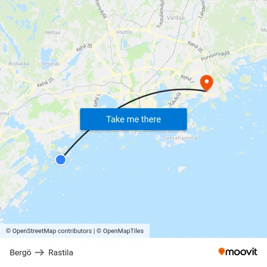 Bergö to Rastila map