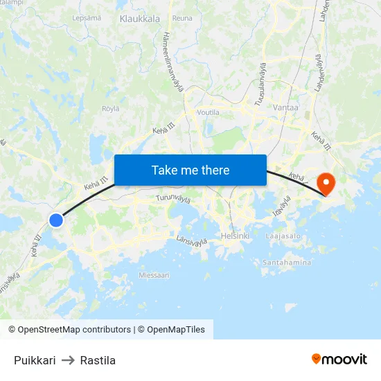 Puikkari to Rastila map