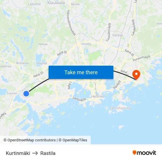 Kurtinmaki to Rastila map