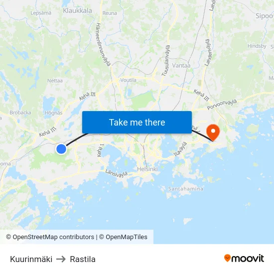 Kuurinmäki to Rastila map