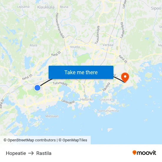 Hopeatie to Rastila map