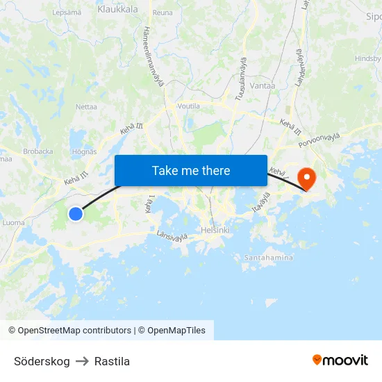 Söderskog to Rastila map
