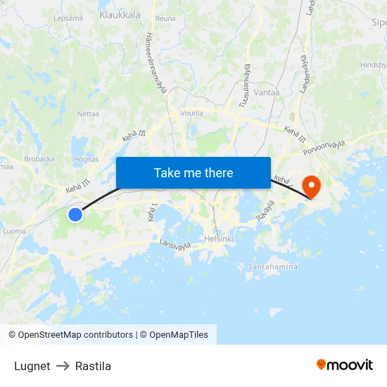Lugnet to Rastila map