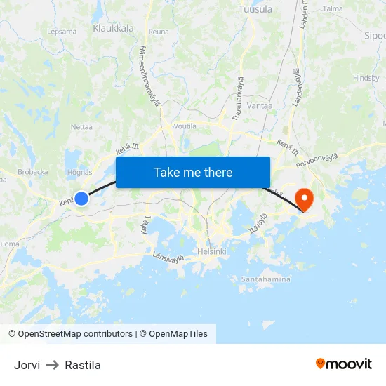 Jorvi to Rastila map