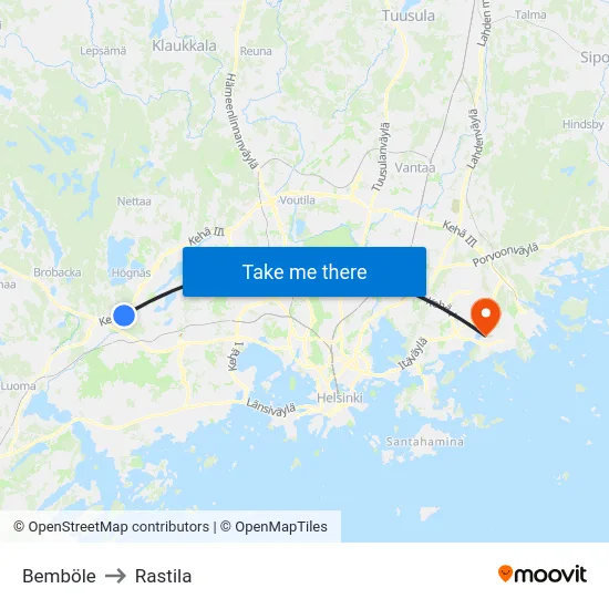 Bemböle to Rastila map