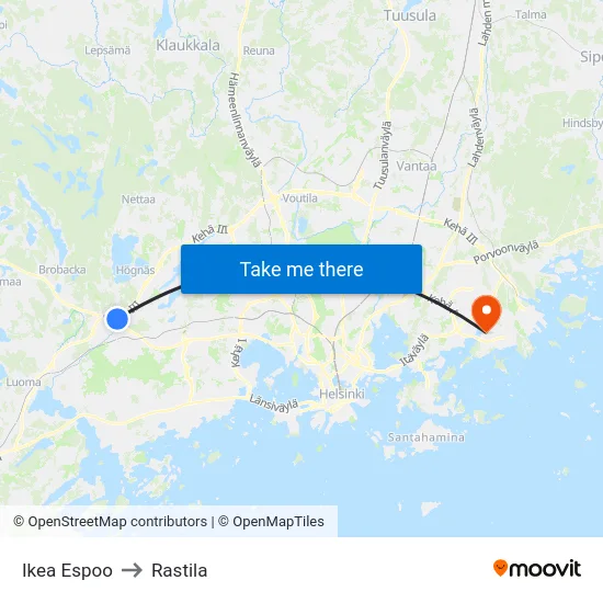 Ikea Espoo to Rastila map