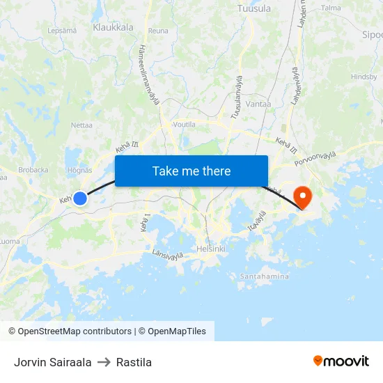 Jorvin Sairaala to Rastila map