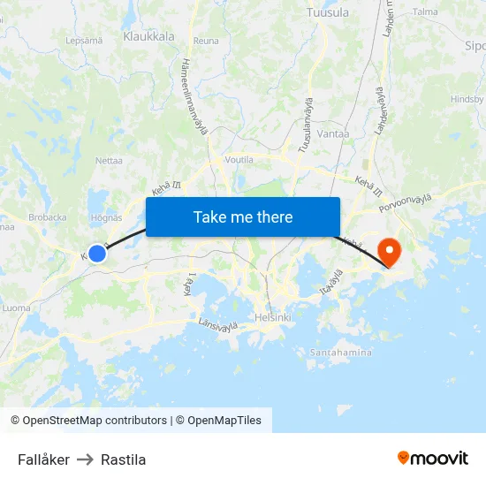 Fallåker to Rastila map