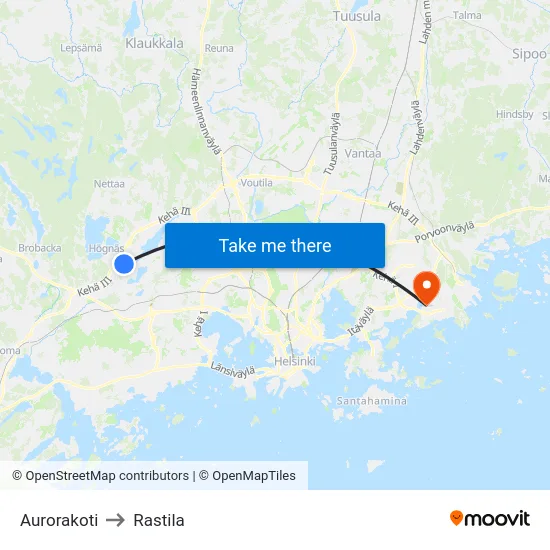 Aurorakoti to Rastila map